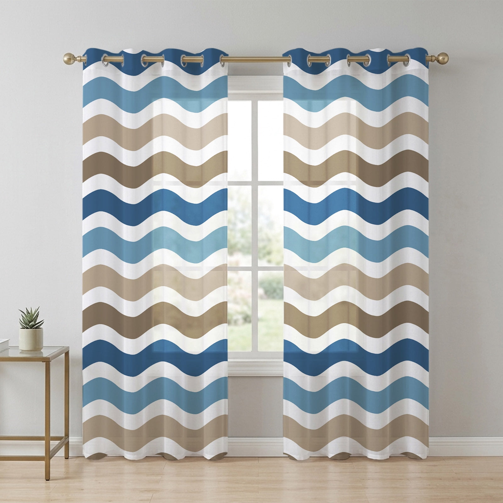 Blue Brown Water Ripple Sheer Curtains 84 Inch Long 2 Panels, Striped ...