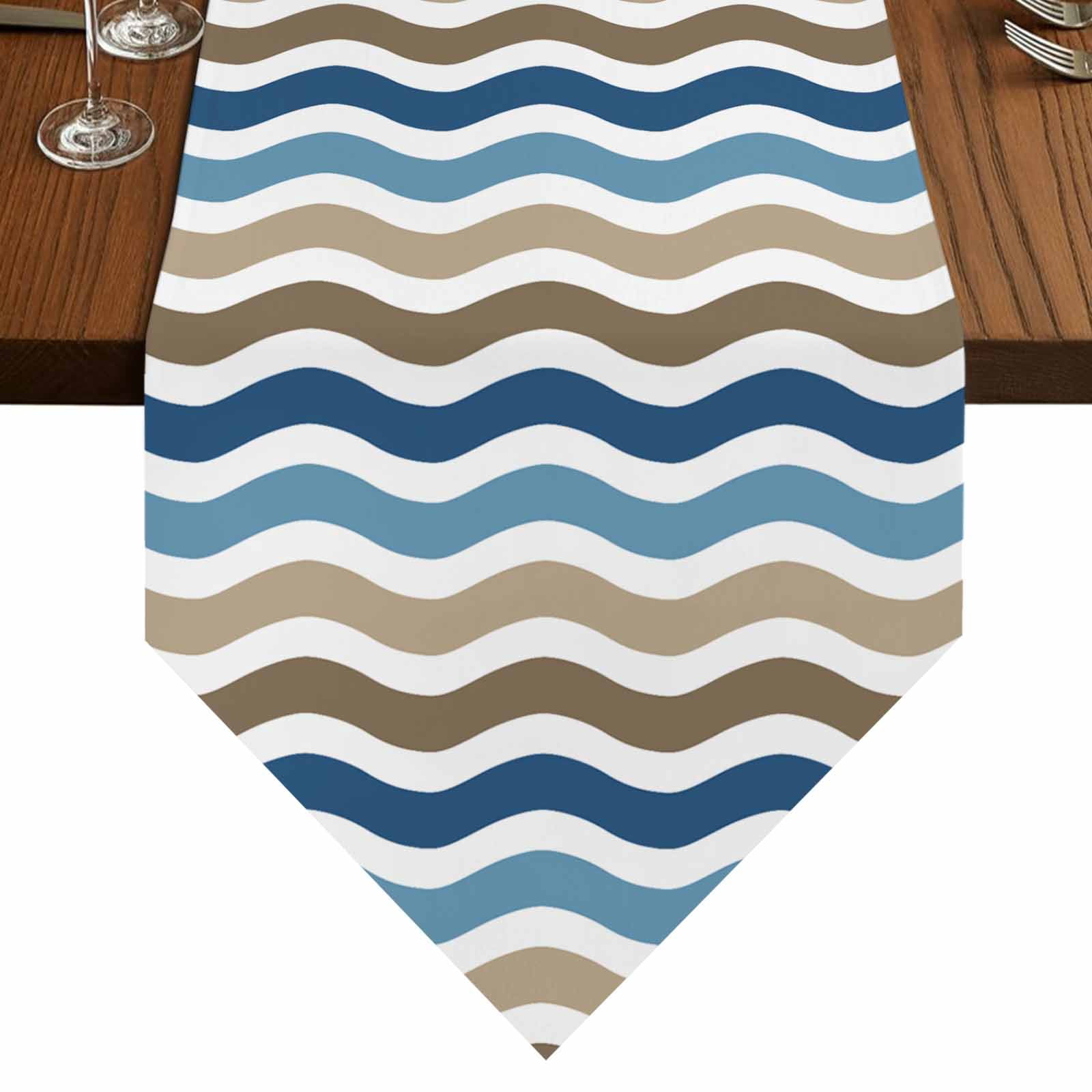 Blue Brown Water Ripple Table Runner for Dining Room, Striped Cotton ...