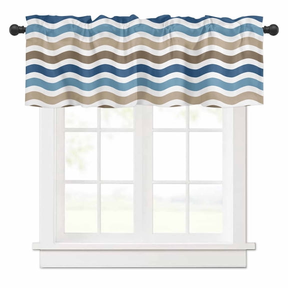 Blue Brown Water Ripple Valances for Windows Striped Rod Pocket Curtain Valance Window Treatment Short Curtains for Kitchen Living Room, 60"x18"