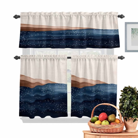 Blue Brown Wave Kitchen Curtains Valances 3 Piece Set, Deep Blue Abstract Art Rod Pocket Tier Curtain and Valance Drapes for Small Window 24 Inch Length for Bedroom Cafe