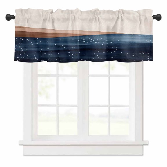 Blue Brown Wave Valances for Windows Deep Blue Abstract Art Rod Pocket Curtain Valance Window Treatment Short Curtains for Kitchen Living Room, 42"x18"
