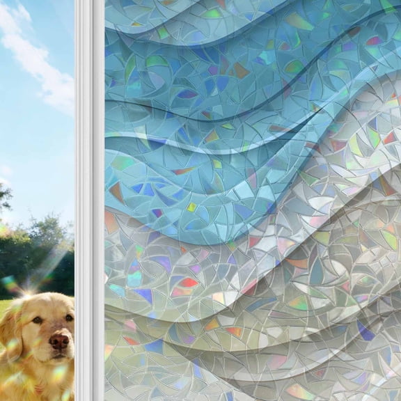 Blue Brown Waves Rainbow Window Privacy Film, Abstract Water Ripple Modern Gradient Stained Glass Window Film, Sun Blocking Glass Clings Static Cling Non Adhesive Door Stickers 19.6 x 39.3 Inches
