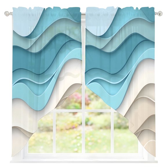 Blue Brown Waves Sheer Curtains Swag Valances for Windows Abstract Water Ripple Modern Gradient Rod Pocket Swag Curtain Small Window Curtain for Kitchen Living Room Bedroom, 1 Pair 28"W x 36"L
