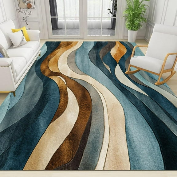 Blue and Brown Wavy Lines Area Rug Retro Floral Pattern Living Room Rug Soft Low Pile Non-Slip Washable Bedroom Carpet for Kitchen Dining Room Balcony Office 2x3ft