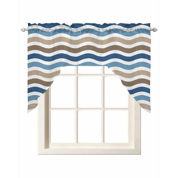 Blue Brown White Ombre Kitchen Swag Valances for Windows, Modern Geometric Gradient Ocean Striped Swag Valances Curtains for Living Room, Rod Pocket Window Treatments for Bathroom, Bedroom, 56"x36"