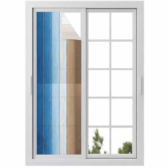 Blue Brown Window Privacy Film, Gradient Wood Grain Farmhouse Country Static Cling UV Sun Blocking Heat Control Window Tint Day and Night, Non-Adhesive One Way Windows Privacy Cover 17.7''x78.7''