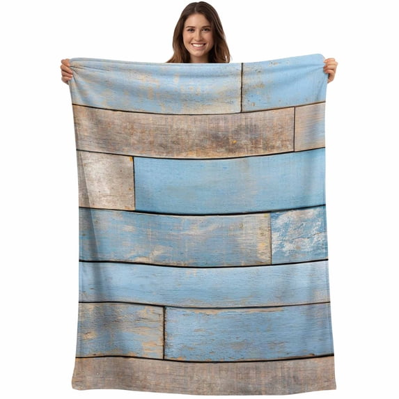 Blue Brown Wood Blanket Soft Cozy Warm Throw Blanket for Couch, Plush Fuzzy Flannel Fleece Blankets for Sofa, Farmhouse Vintage Wooden Grain Bed Blankets Lightweight Gifts for Women, 40"x50"