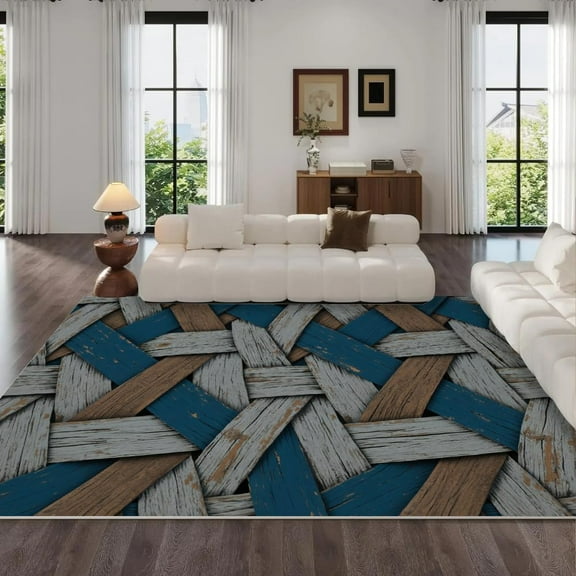 Blue and Brown Wood Grain Pattern Area Rugs Retro Print Washable Indoor Large Rugs for Living Room Bedroom Foldable Anti-Slip Area Rug Soft Low Pile Indoor Carpet 3x5ft