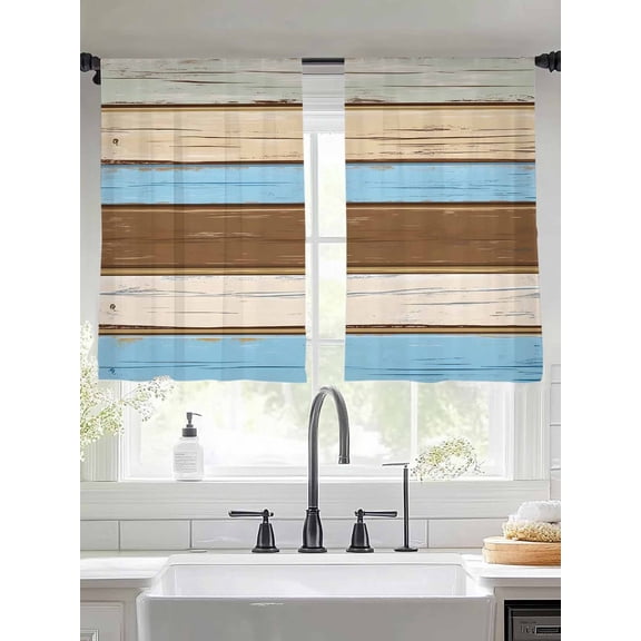 Blue Brown Wood Grain Sheer Curtains for Living Room Bedroom Farmhouse Country Chic Stripes Sheer Curtains 45 Inch Long 2 Panels Set Light Filtering Curtain Window Treatments Drapes for Dining Room