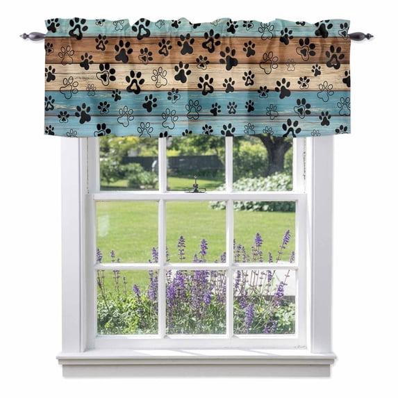 Blue Brown Wood Grain Valance Curtain for Windows Dog Paw Pattern Vintage Farmhouse Rod Pocket Curtain Valances Short Window Treatments Panels for Kitchen Bathroom Laundry Room Basement 42 x 12 Inch