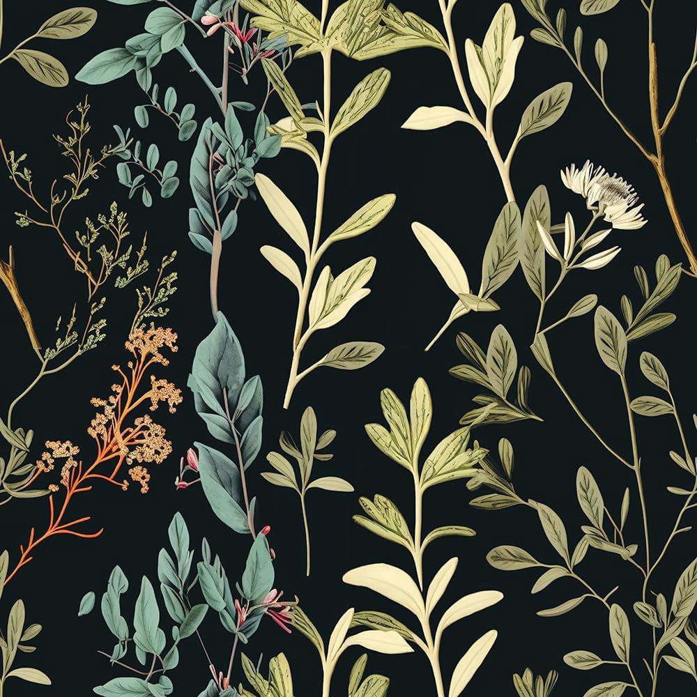 Blue/Brown/Yellow Wildflowers Grass in Black Leaf Flowers Peel and Stick Wallpaper Wall Decor Self Adhesive Wall Paper Stick on Easy Peel Off Contact for Renter Apartment