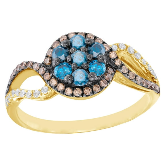 AFFY Blue, Brown & White Natural Diamond Frame Swirl Ring in 14k Yellow Gold (0.62 Cttw) By