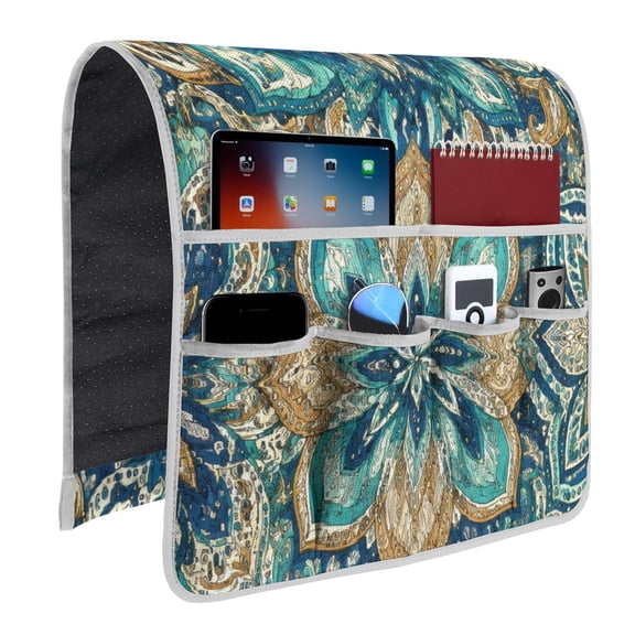 Blue, Brown and Green Patterned Couch Armrest Organizer Bag, 19 x 35 in, 6-Pocket Sofa Caddy for Recliner, Bedside and Living Room Storage