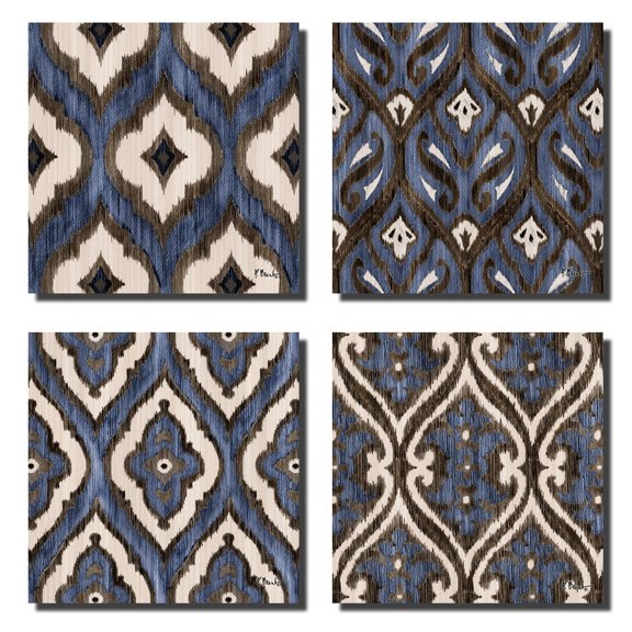 Blue Brown and White Indigo Ikat Patterned Prints; Four 12x12 Poster Prints