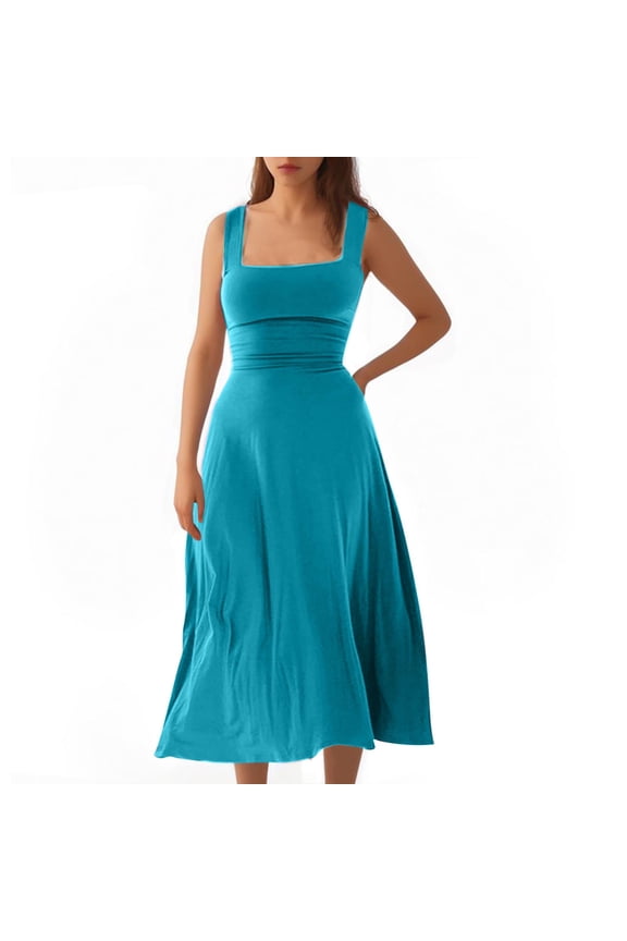 Blue Brunch Going Out for Women Fall Summer Sleeveless Slip Square Neck Spandex Long Slimming Tunic Basic Dresses Women 2026 Clothes Trendy Y2K L