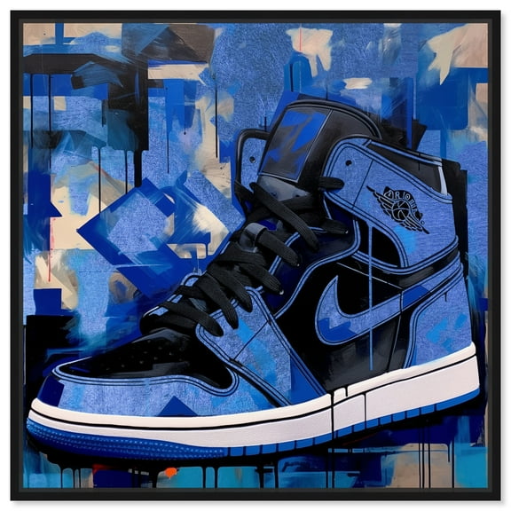 Blue Brush Sneakers Canvas Wall Art by Notoriart, Black Floater Frame, 13" x 13"