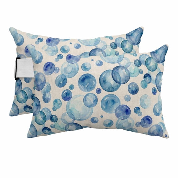 Blue Bubble Outdoor Pillows for Chaise Lounge Chair Beach Headrest Pillow Set of 2 Waterproof Lumbar Pillows with Insert&Adjustable Strap Watercolor Ocean Bubble Summer Beige Pool Pillow 12"x20"
