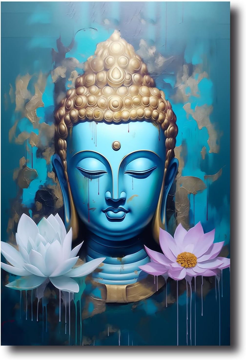 Blue Buddha Canvas Wall Art Buddha Head & Lotus Flower Painting Prints ...