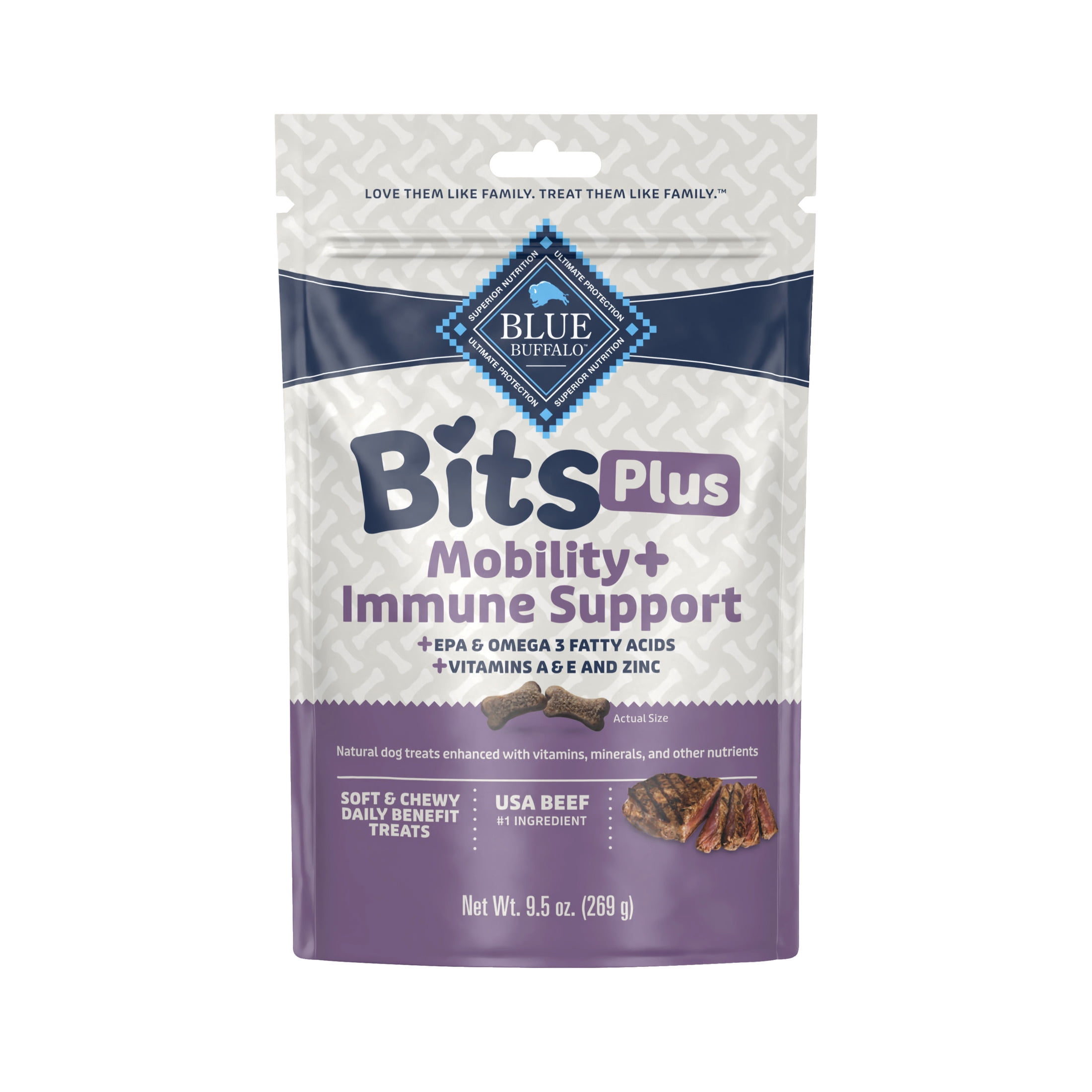 Blue Buffalo BLUE Bits Plus Mobility and Immune Support Daily Benefit Dog Treats, Soft & Chewy Beef Morsels, 9.5-oz. Bag