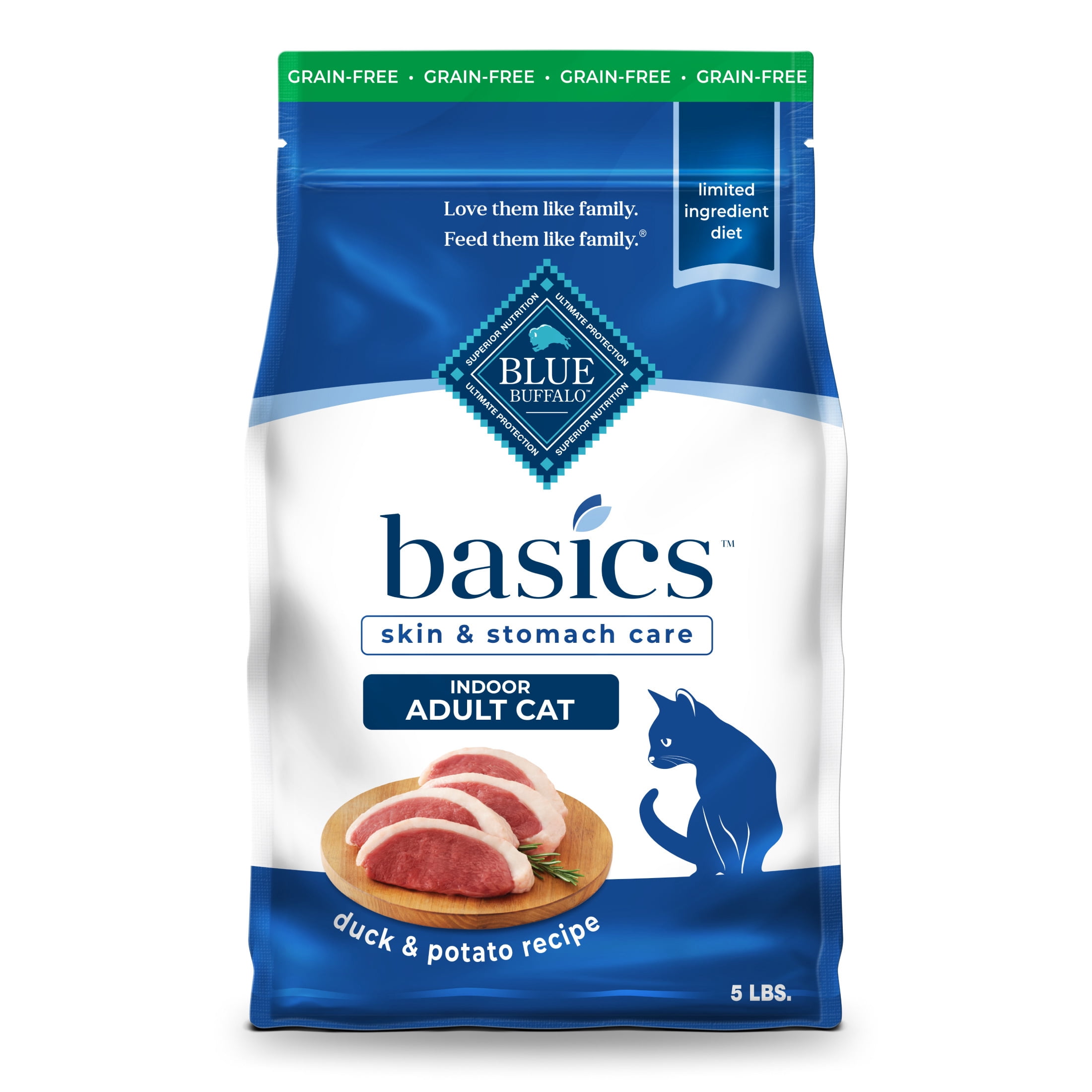 Blue Buffalo Basics Dry Cat Food Skin & Stomach, Duck & Potato, Chicken Free, 5lb Bag
