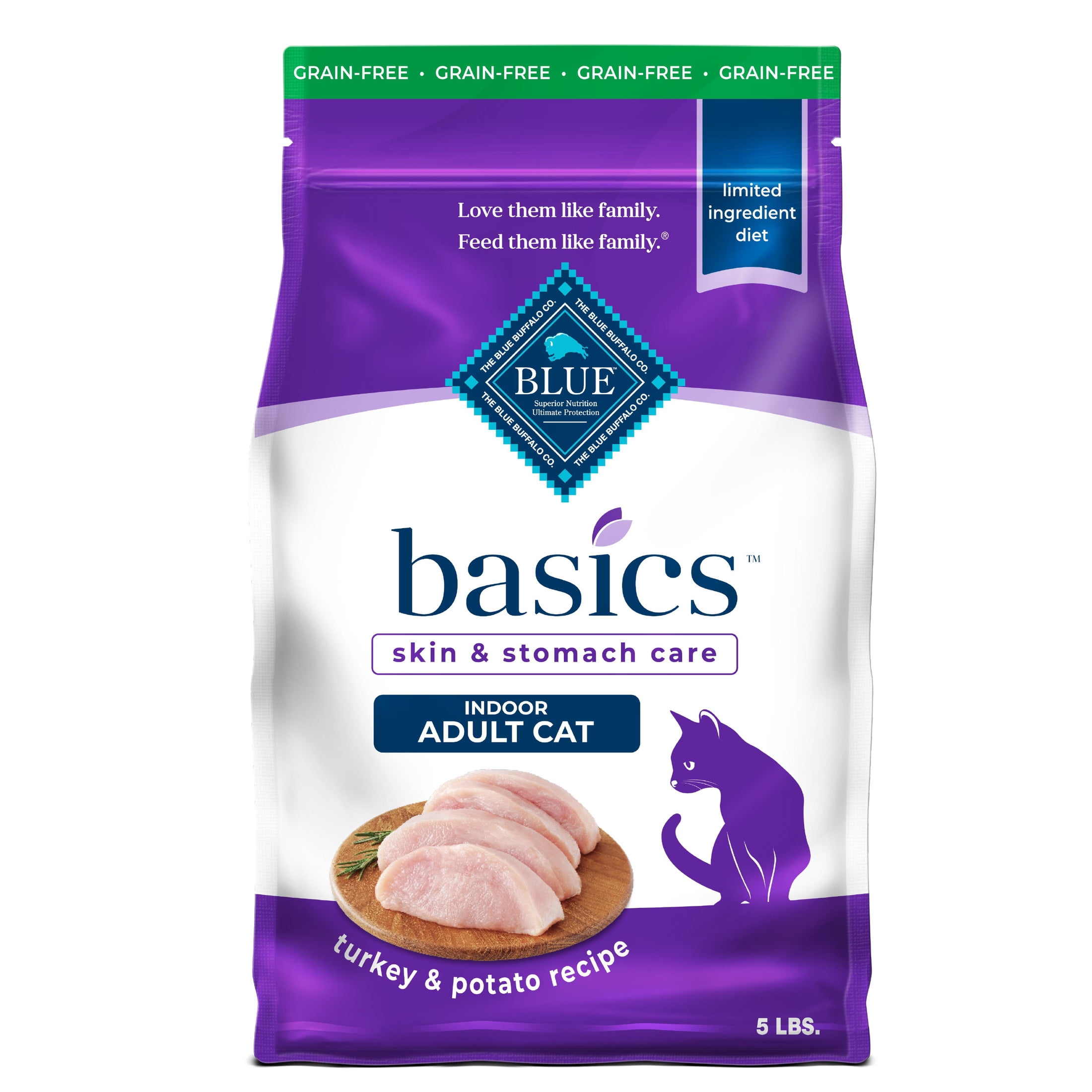 Blue Buffalo Basics Dry Cat Food Skin & Stomach, Turkey & Potato, Chicken Free, 5lb Bag