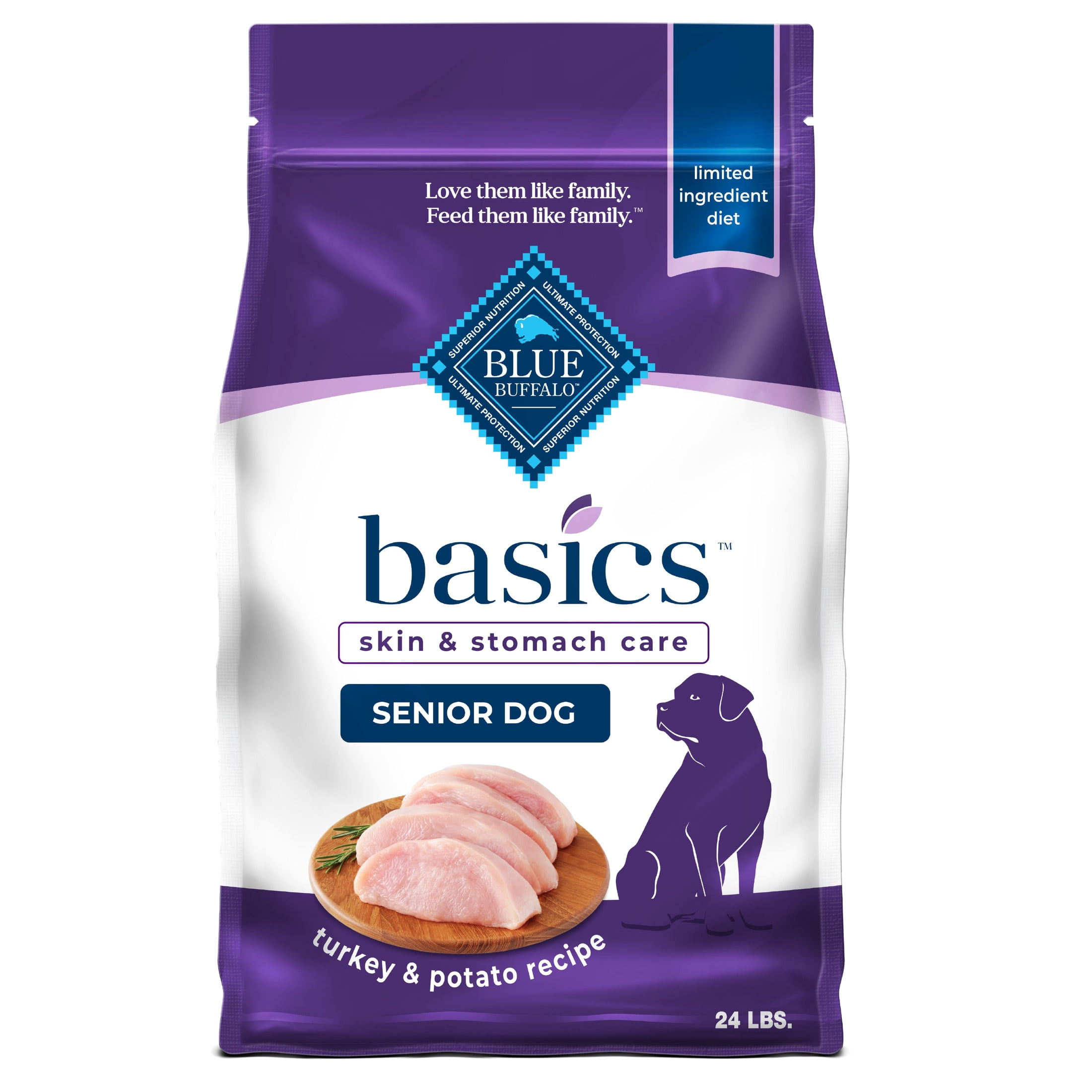 Blue Buffalo Basics Senior Dog Food, Skin & Stomach Care, Turkey, Chicken Free, 24lb Bag