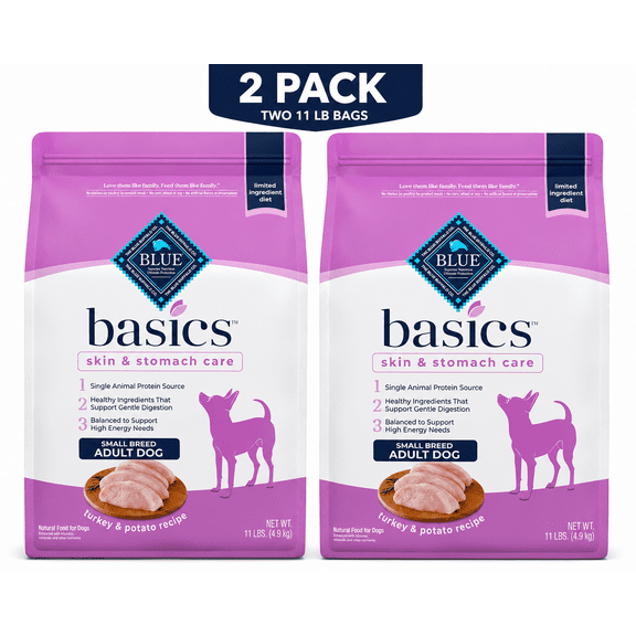 Blue Buffalo Basics Small Breed Adult Dog Food, Skin & Stomach, Turkey & Potato Recipe, 11lb (2 Pack)