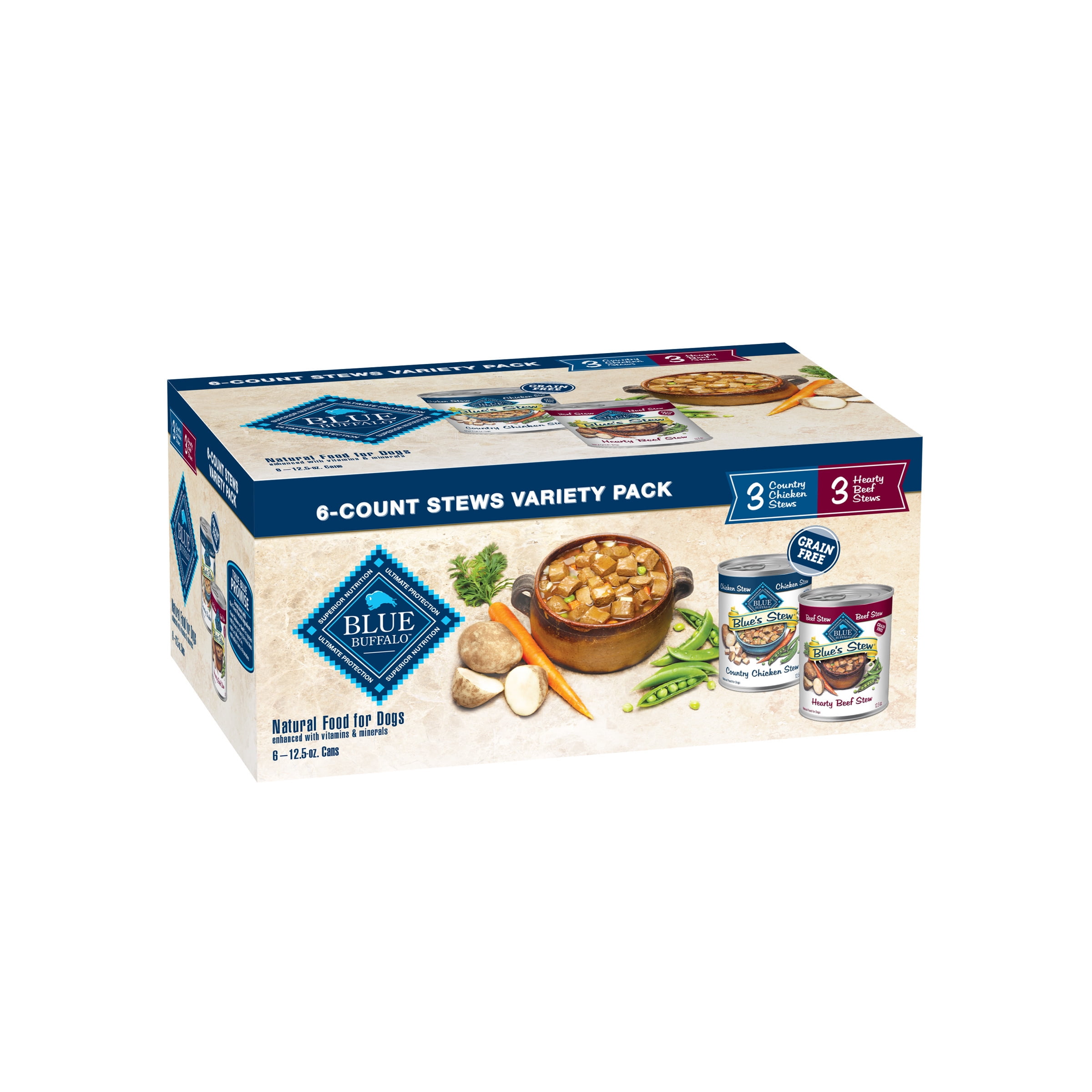 Blue Buffalo Blue's Stew Natural Wet Dog Food, Hearty Beef and Country Chicken Variety Pack, 12.5-oz. Cans (6 Count- 3 of Each Flavor)