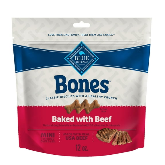 Blue Buffalo Bones Natural Crunchy Biscuits Mini Beef Dog Treats, 12-oz. Bag