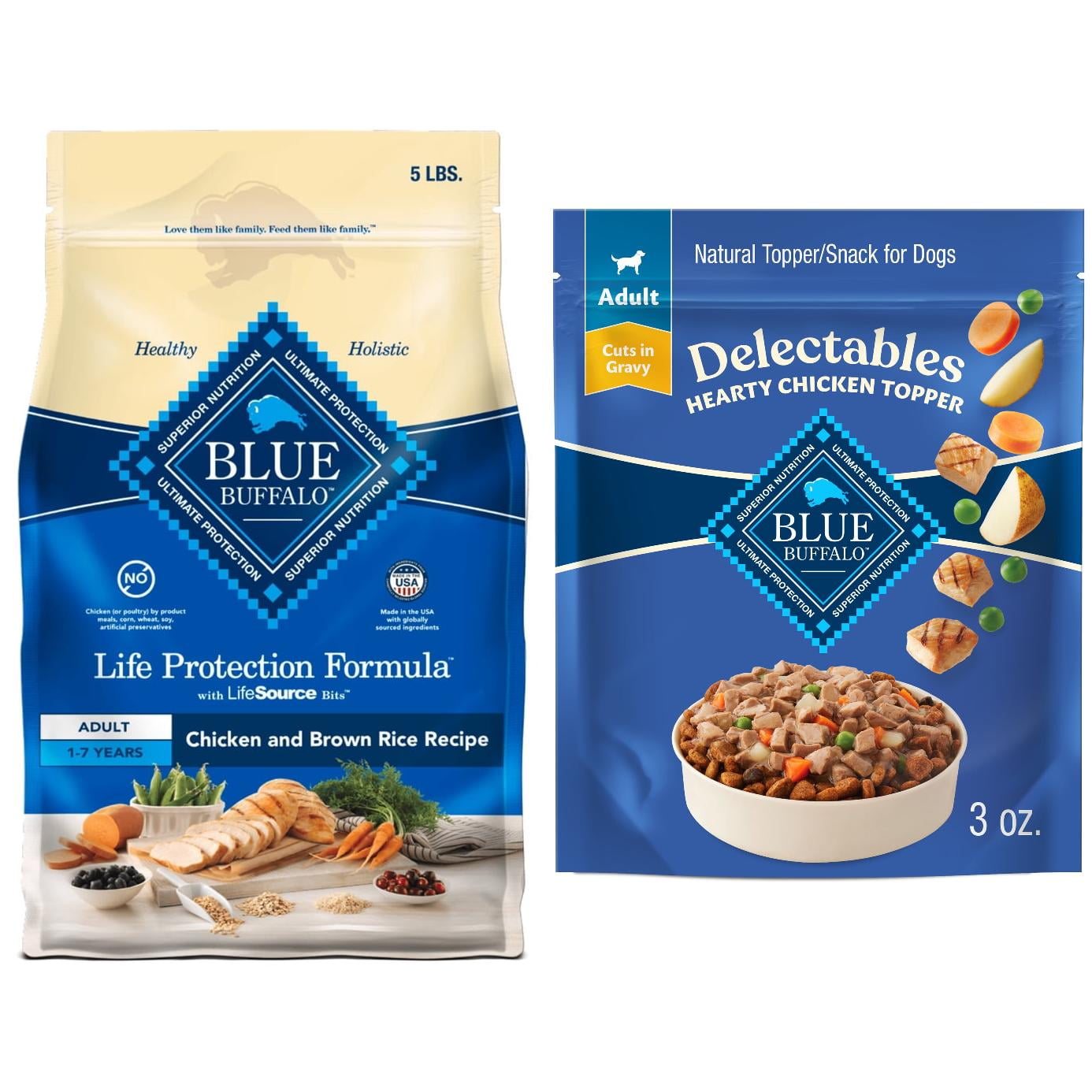 Blue Buffalo Chicken Bundle, Life Protection Formula Dry Dog Food 5lb & Delectables Wet Toppers 3oz