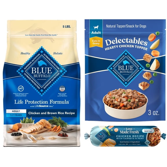Blue Buffalo Chicken Dog Food Bundle: Life Protection Formula Dry Food 5lb, Delectables 3oz & Love Made Fresh Roll 1lb