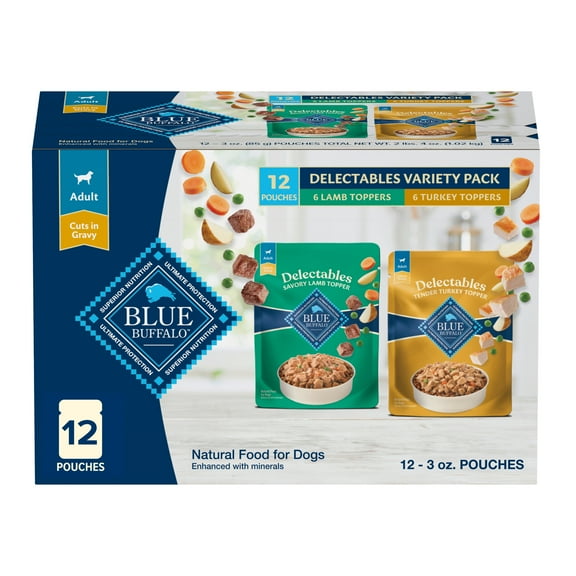 Blue Buffalo Delectables Natural Wet Dog Food Topper Variety Pack, Lamb & Turkey Dinner 3oz (12 Pack - 6 of Each Flavor)