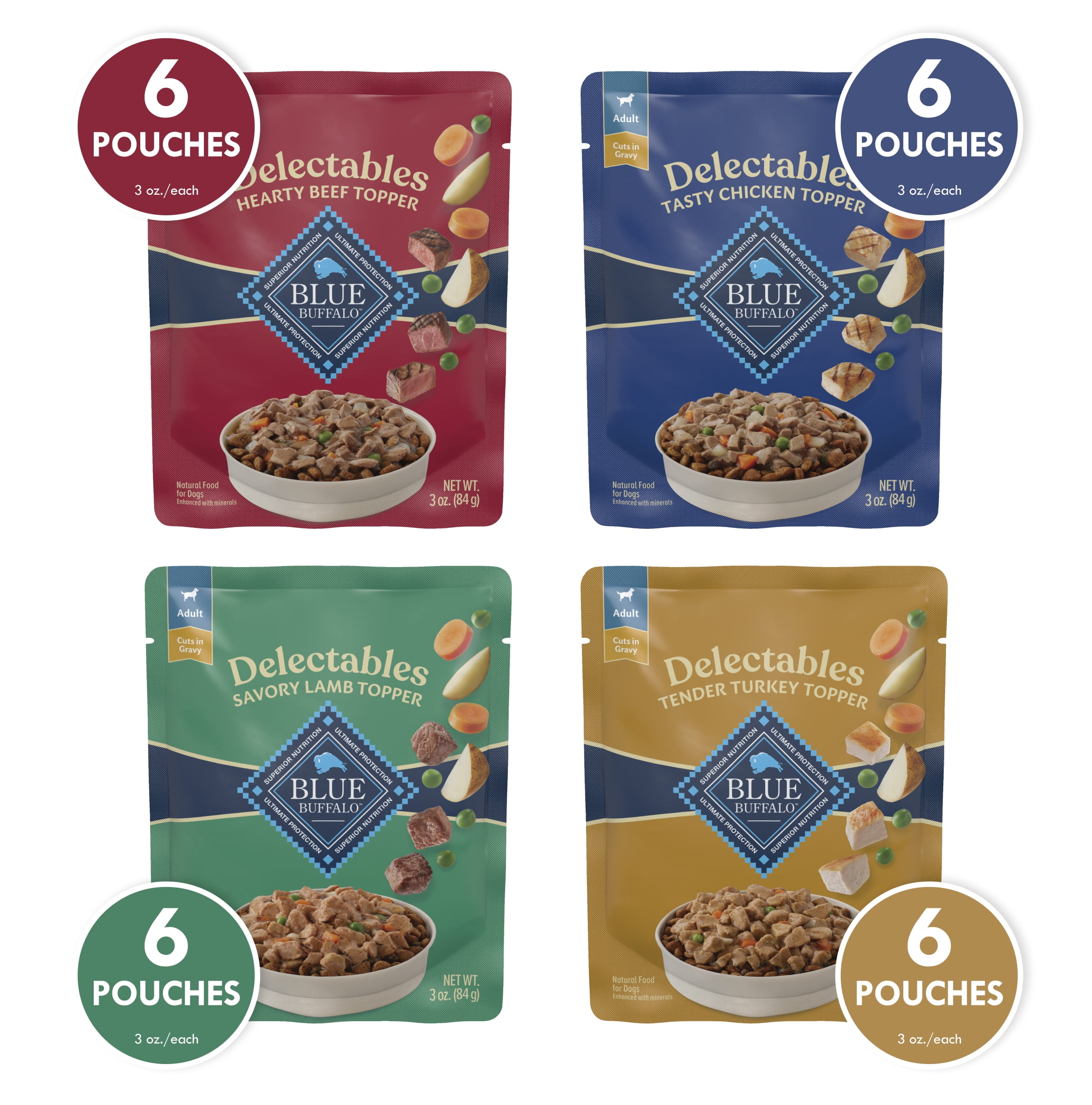 Blue Buffalo Delectables Natural Wet Dog Food Topper Variety Pack, 3-oz (24 Pack- 6 of Each Flavor)