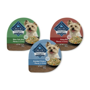 Blue Buffalo Delights Natural Adult Small Breed Wet Dog Food Cups, Pate Style, Chicken, Prime Rib and NY Strip 3.5-oz (24 Pack- 8 of Each Flavor)