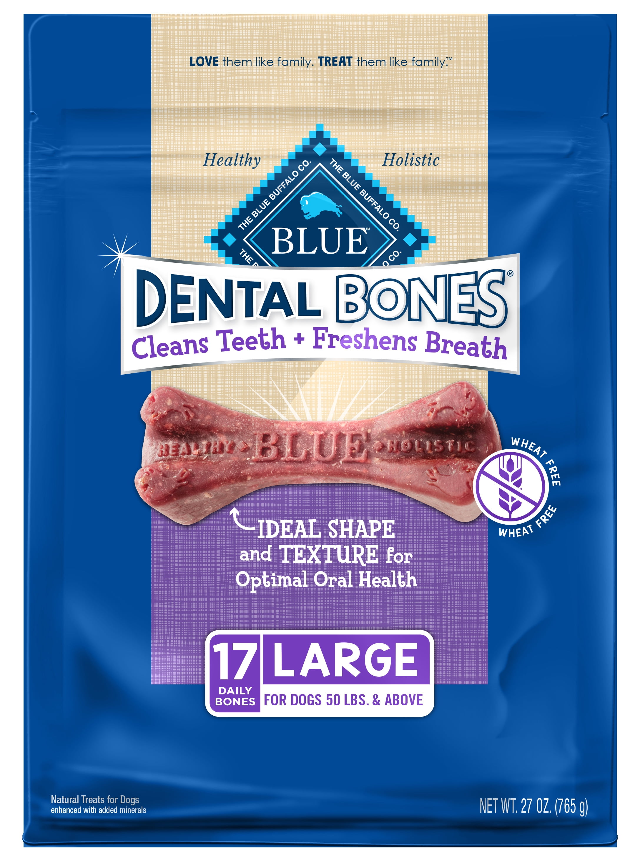 Blue Buffalo Dental Bones Large (50 lbs and up) Dental Treats for Adult Dogs, Whole Grain, 27 oz. Bag