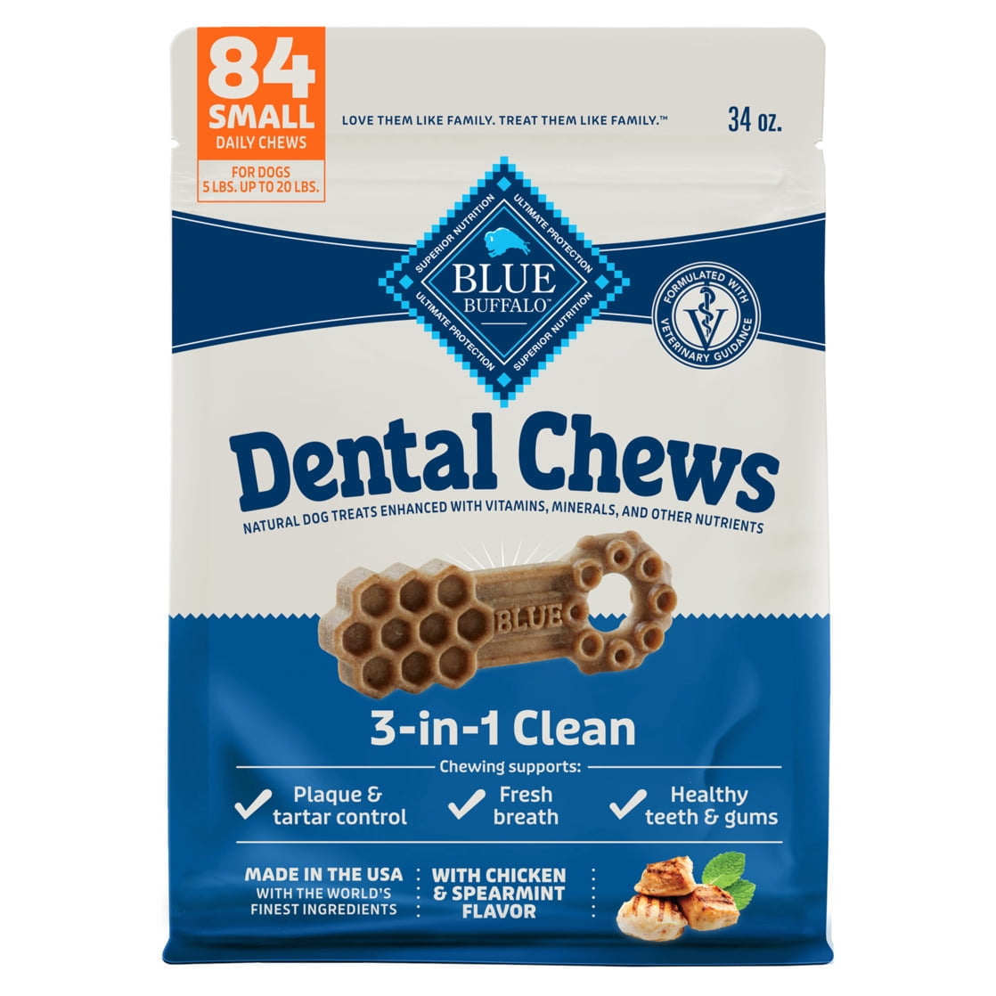 Blue Buffalo Small Dental Chews, Daily Dental Care Dog Treats, Chicken & Spearmint (84 Count)