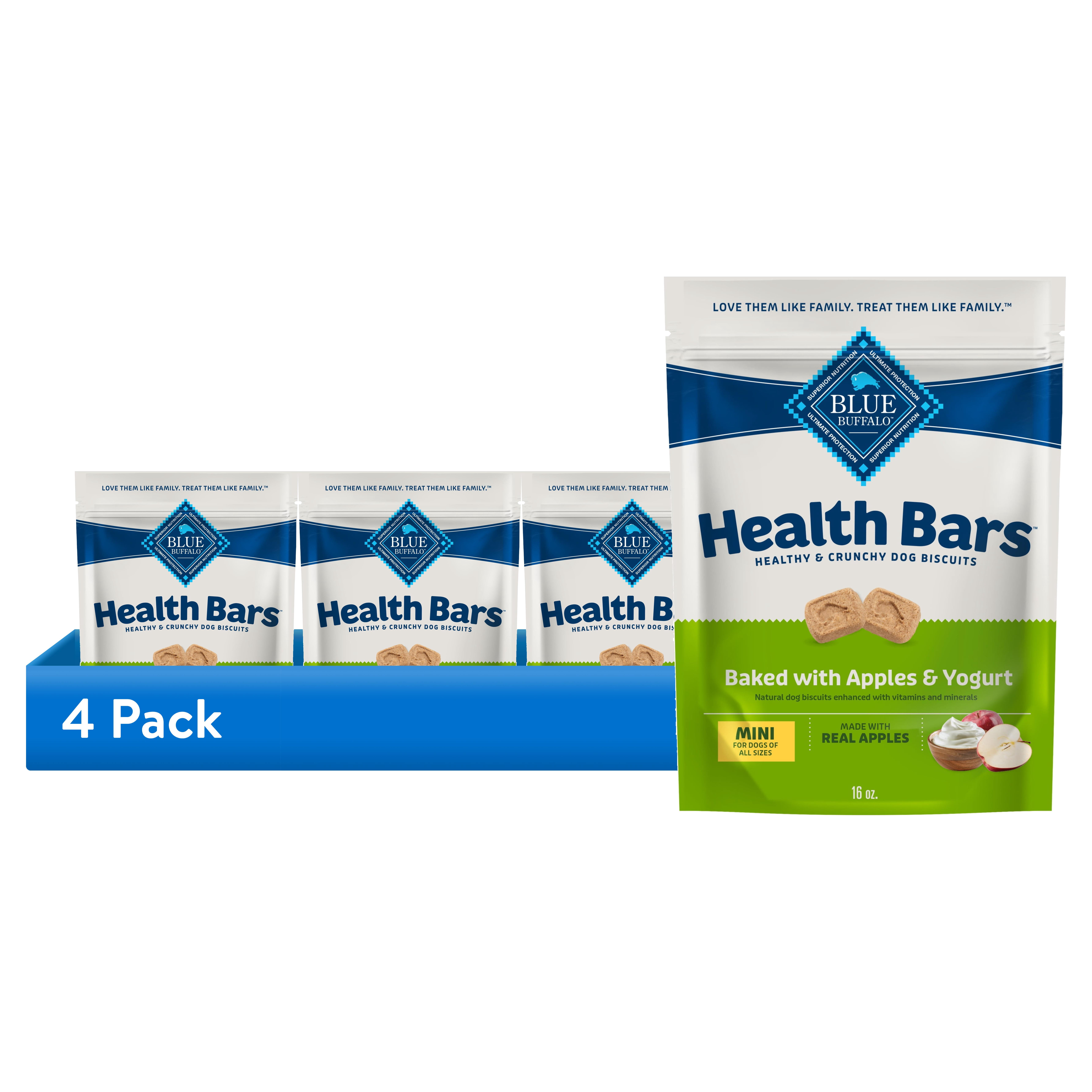(4 pack) Blue Buffalo Health Bars Mini Crunchy Dog Biscuits, Oven-Baked with Natural Ingredients, Apples & Yogurt, 16-oz Bag