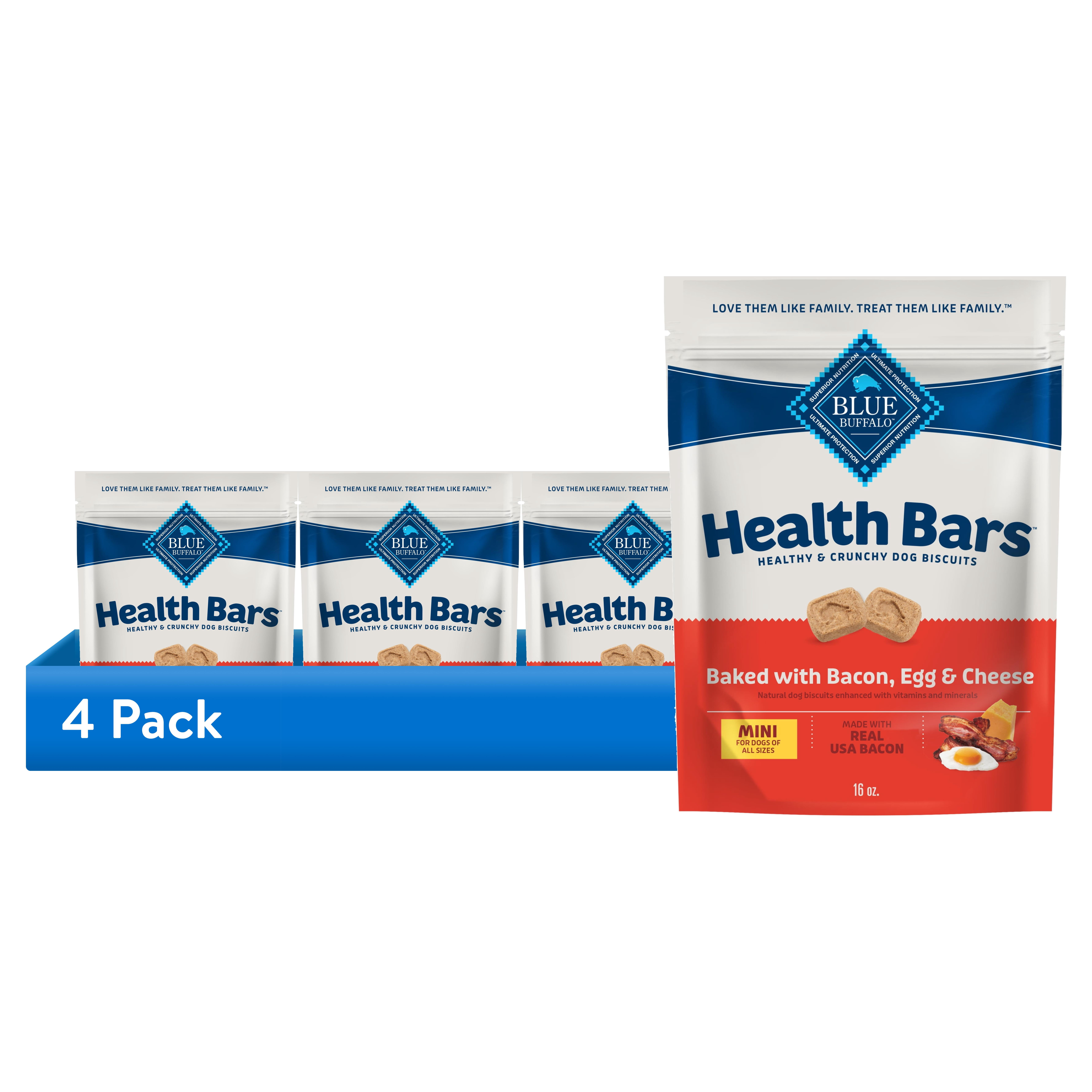 (4 pack) Blue Buffalo Health Bars Mini Crunchy Dog Biscuits, Oven-Baked with Natural Ingredients, Bacon, Egg & Cheese, 16-oz Bag