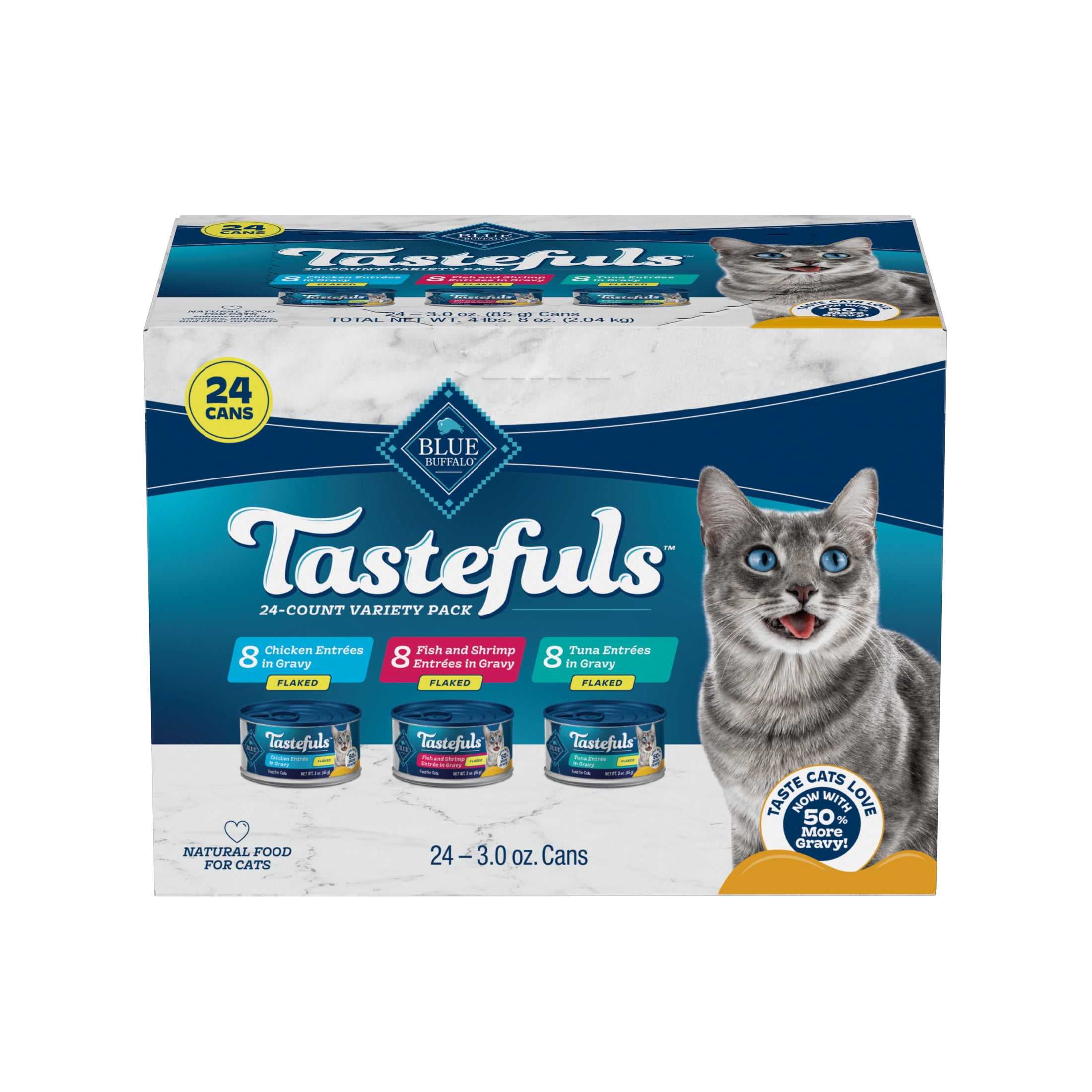 Blue Buffalo Tastefuls Adult Cat Wet Food, Flaked Entrées in Gravy, 3oz, 24ct Variety Pack