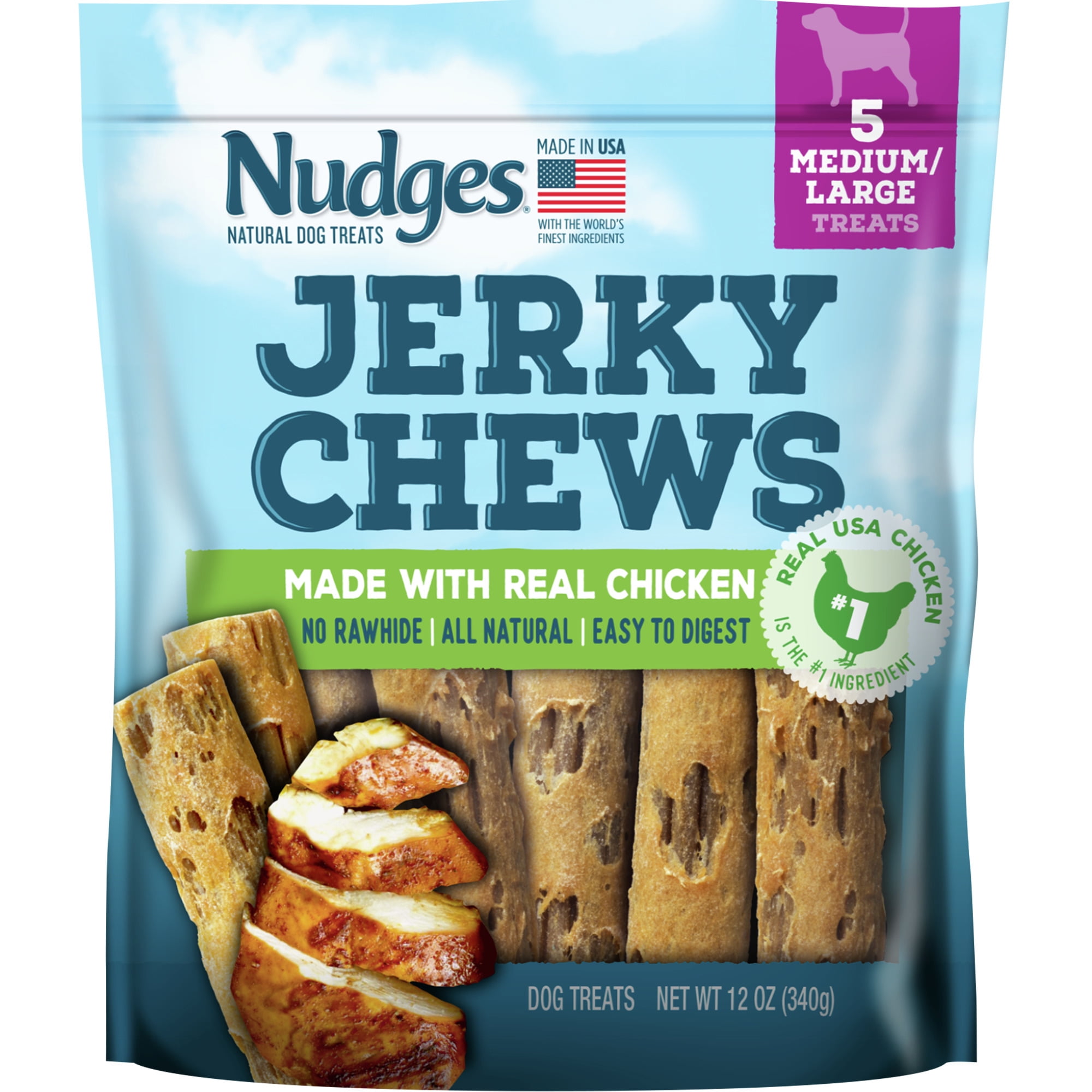 Blue Buffalo Nudges Jerky Chews Natural Dog Treats Med/Large Breed, Chicken, 12oz Bag, 5 Count