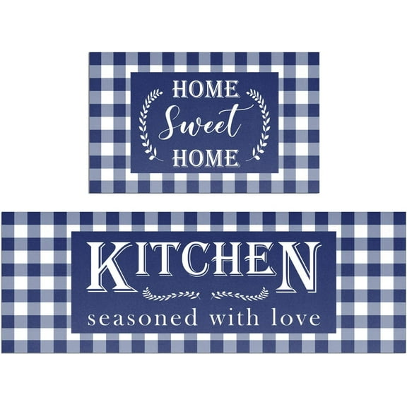 Blue Buffalo Plaid Kitchen Mat Set of 2 Non Slip Thick Kitchen Rugs and Mats for Floor Comfort Standing Mats for Kitchen, Sink, Office, Laundry, 17"x47"+17"x28"