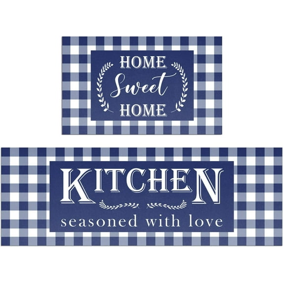Blue Buffalo Plaid Kitchen Mat Set of 2 Non Slip Thick Kitchen Rugs and Mats for Floor Comfort Standing Mats for Kitchen, Sink, Office, Laundry, 17"x47"+17"x28"