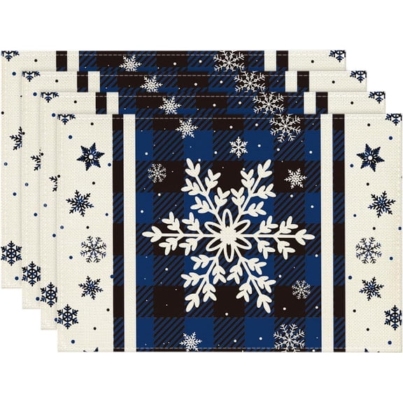Blue Buffalo Plaid Snowflakes Winter Placemats Set of 4, 12x18 Inch Christmas Table Mats for Party Kitchen Dining Decoration