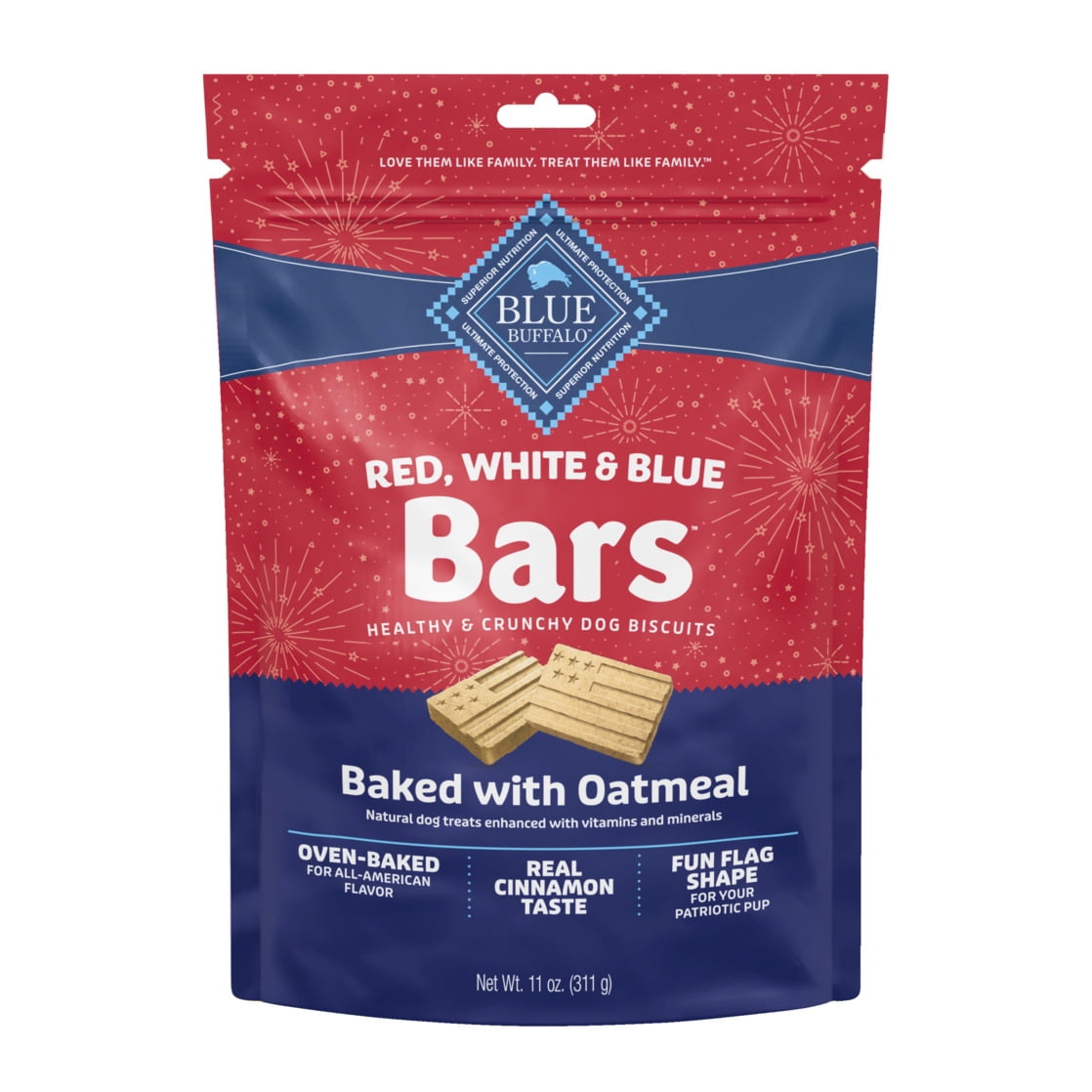 Blue Buffalo Red White & Blue Bars Crunchy Dog Treats Baked with Oatmeal & Cinnamon, 11-oz Bag