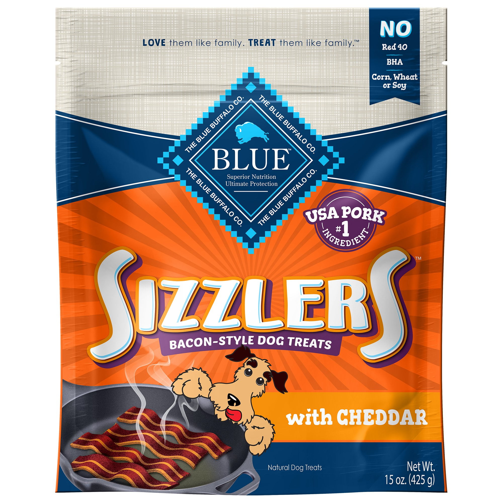Blue Buffalo Sizzlers Bacon Style Soft Moist Dog Treats Pork Cheddar Recipe 15 oz Bag Pack of 4 Walmart