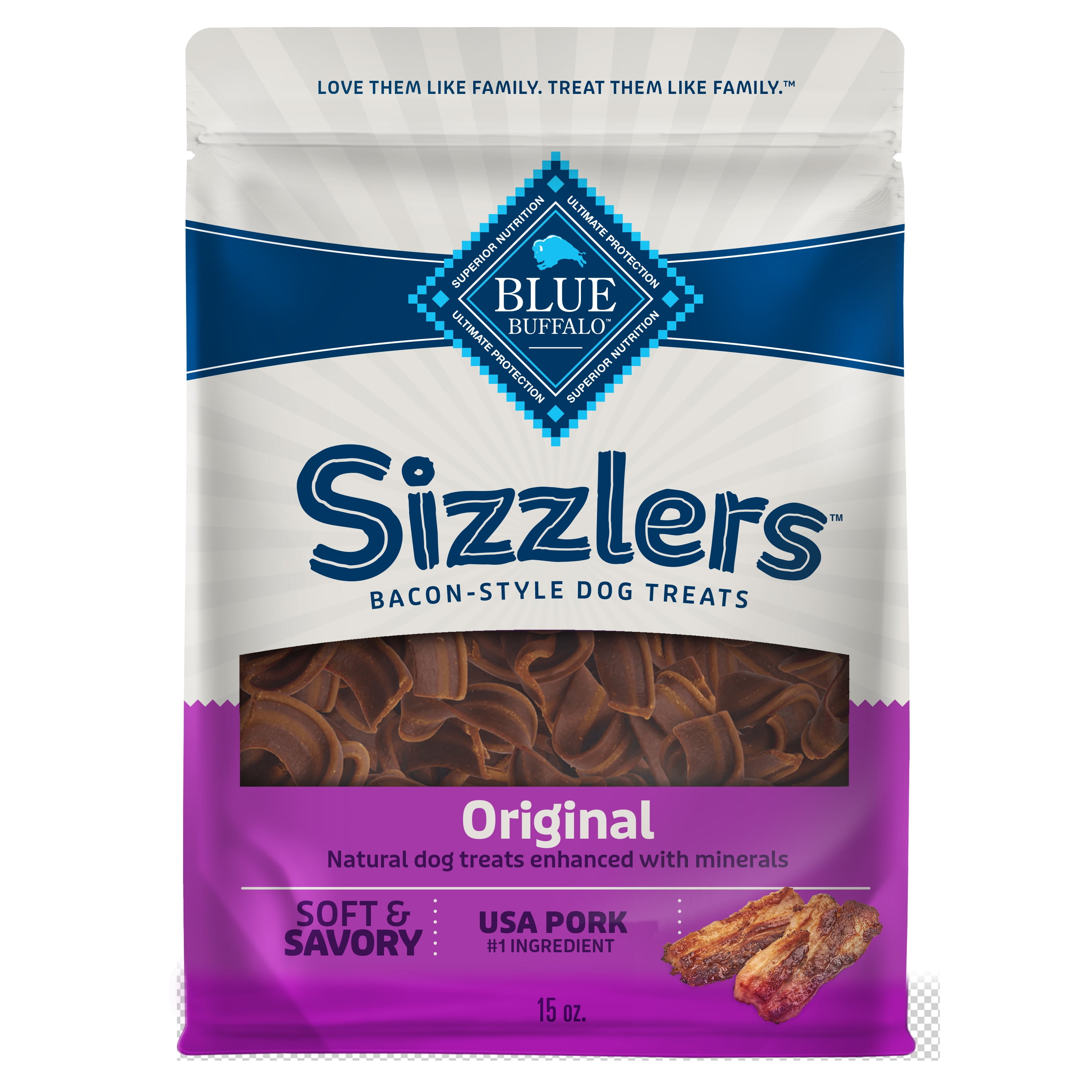 Blue Buffalo Sizzlers Real Pork Bacon Style Soft Dog Treats Whole Grain 15 oz. Bag Walmart