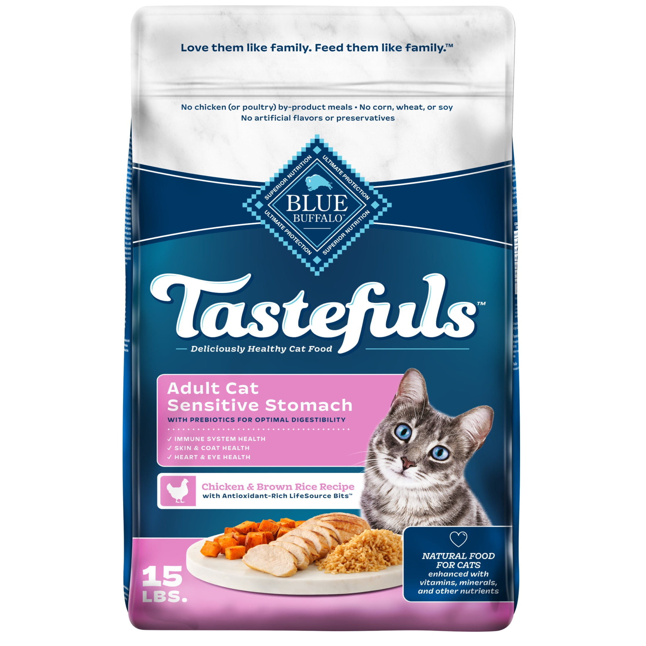 Blue Buffalo Tastefuls Dry Cat Food, Sensitive Stomach, Chicken and Brown Rice, 15-lb Bag