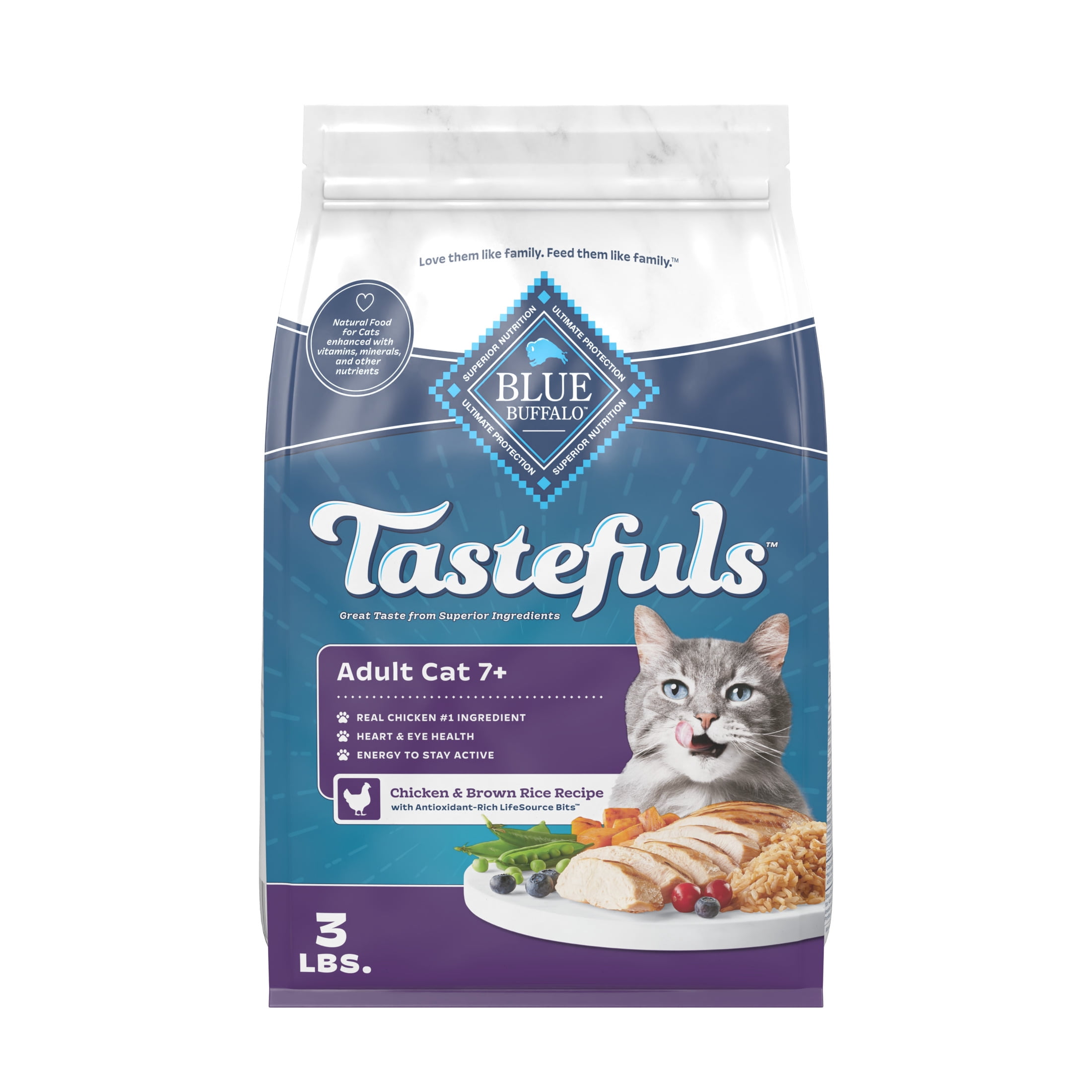 Blue Buffalo Tastefuls Mature Dry CatFood for Adult Cats 7+, Chicken & Brown Rice, 3lb Bag