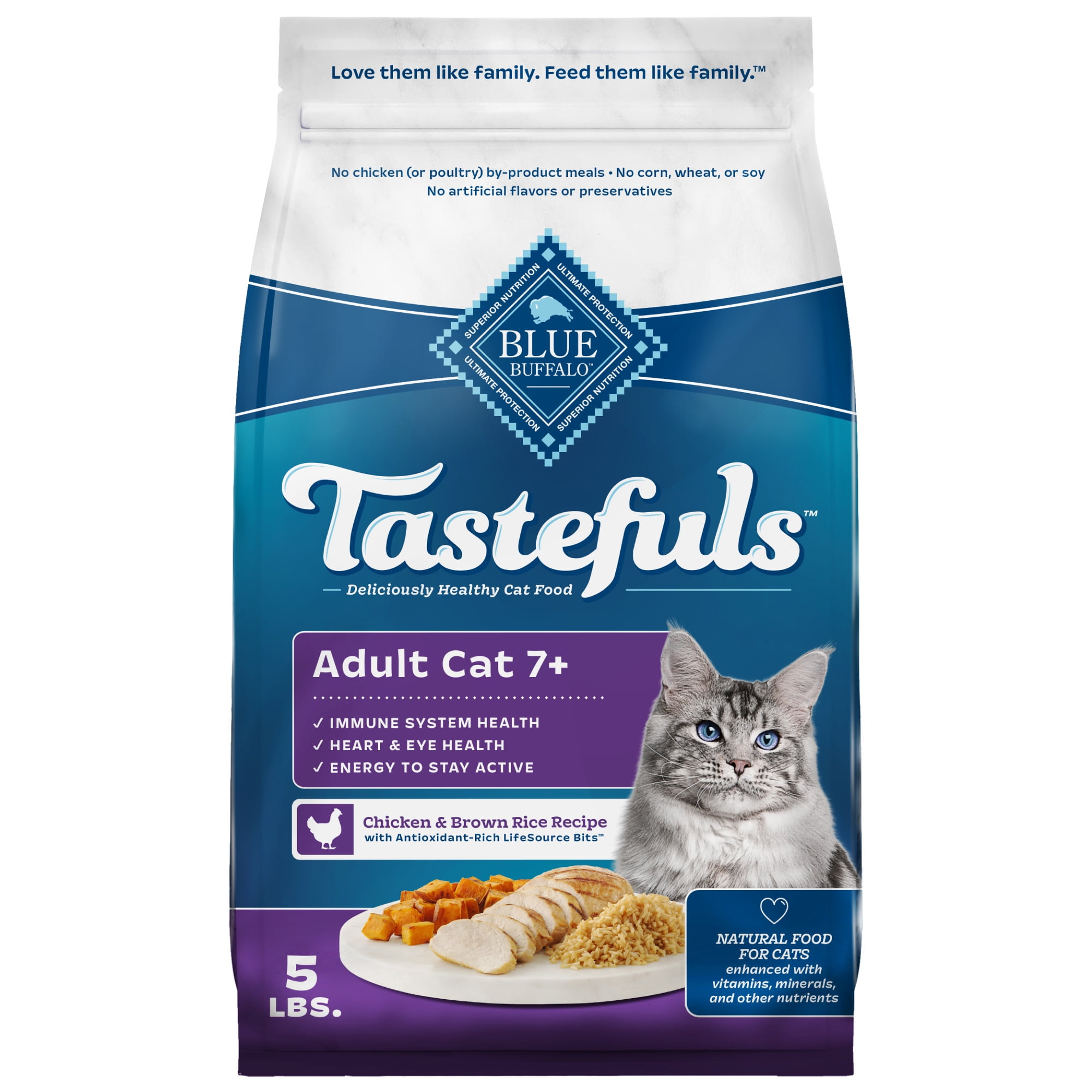 Blue Buffalo Tastefuls Dry Food, Adult Cat 7+, Chicken and Brown Rice Recipe, 5-lb. Bag