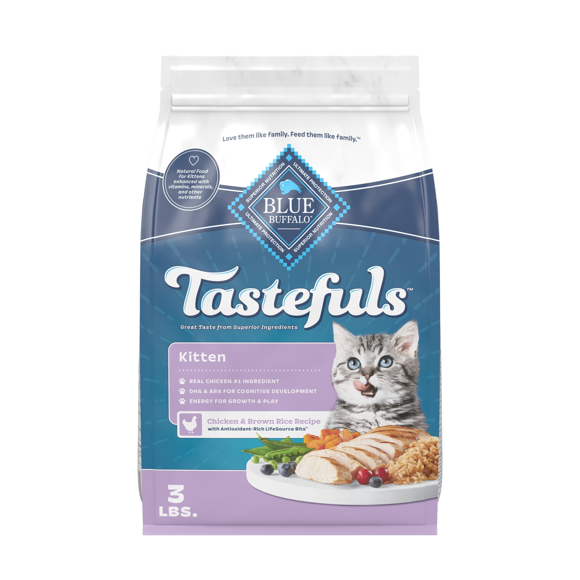 Blue Buffalo Tastefuls Kitten Food with DHA, Dry Cat Food, Chicken & Brown Rice, 3lb Bag